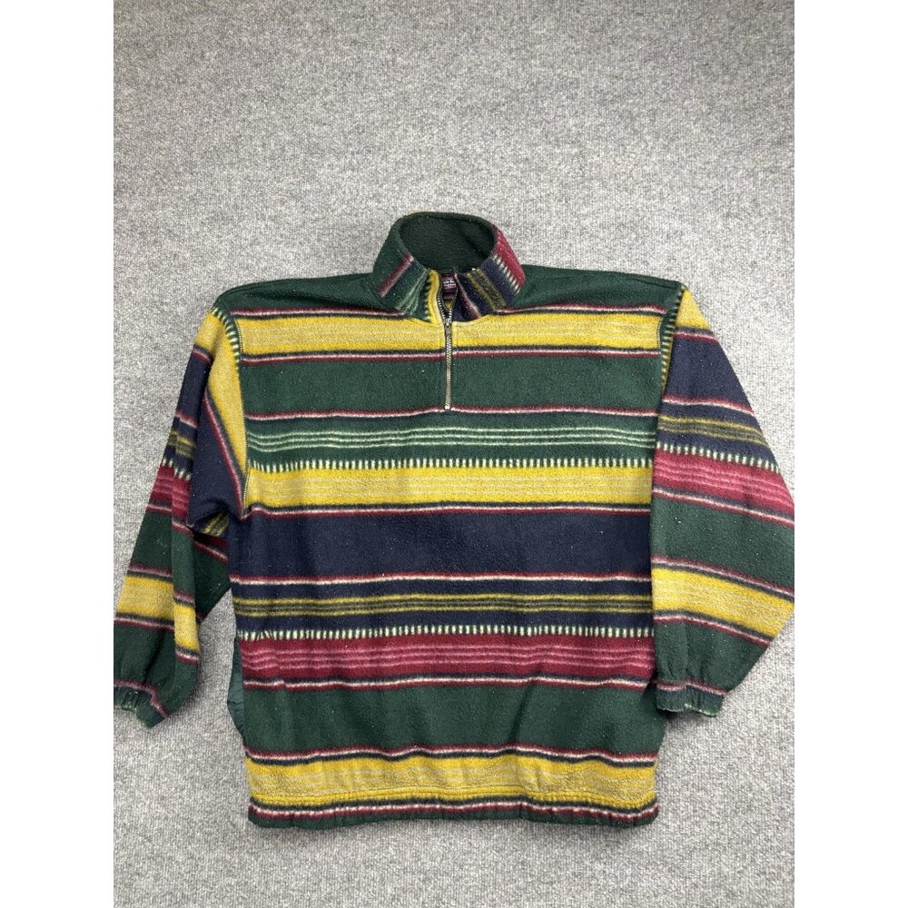 Vintage Bugle Boy Company Sweater Mens Large Green Stripe Fleece Quarter Zip 90s